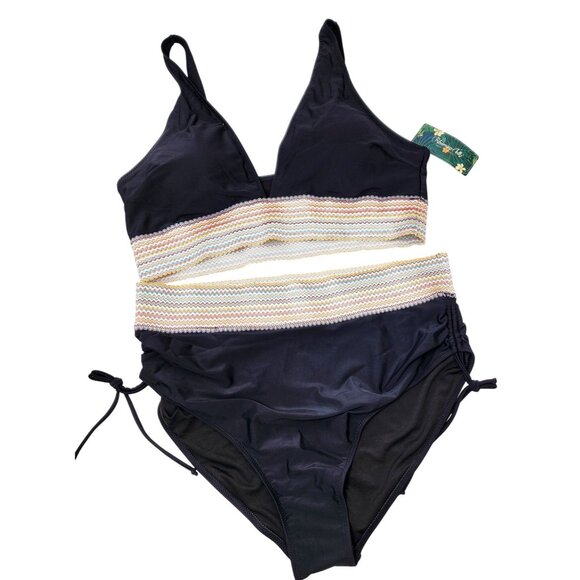 Striped High-Waist Bikini Set Swimsuit Adjustable Top Side-Tie Bottom Size 2XL - Picture 1 of 8